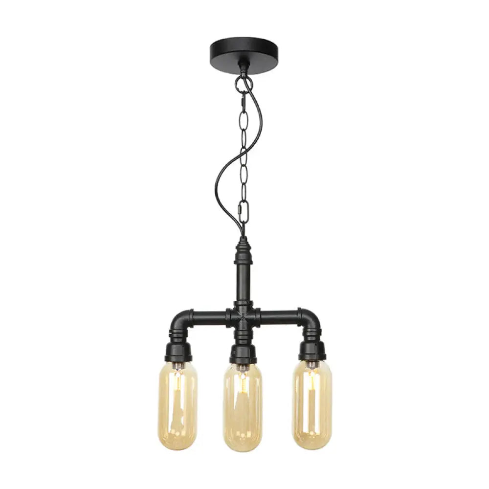 Industrial Glass Pipe Chandelier With Amber/Clear Accents - 3-Head Led Ceiling Fixture For Dining