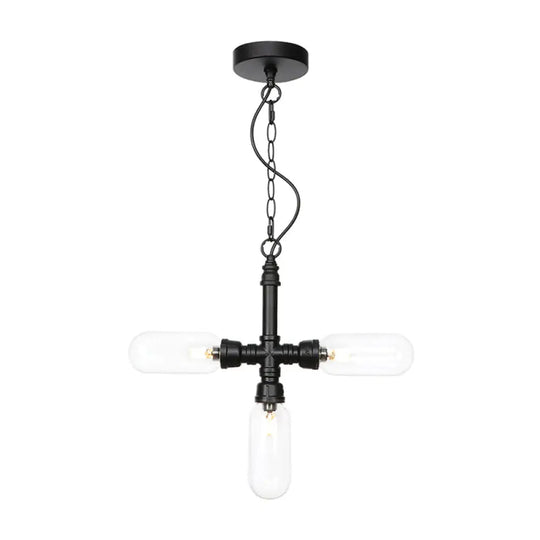 Industrial Glass Pipe Chandelier With Amber/Clear Accents - 3-Head Led Ceiling Fixture For Dining