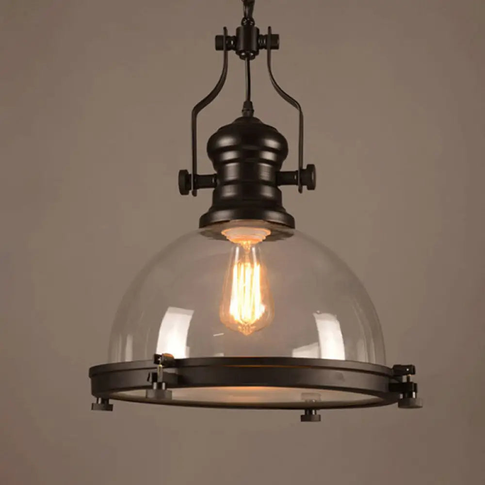 Industrial Glass Pot-Shaped Pendant Lamp 1-Light Bistro Bar Lighting In Black / Semicircle