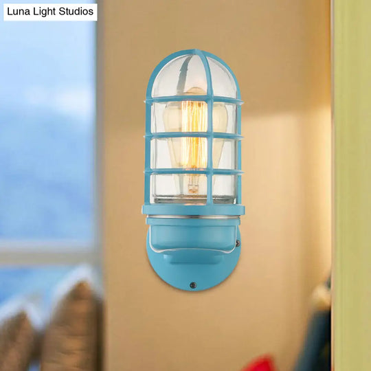 Industrial Glass Wall Lamp With Cage Single Bulb In Pink/Blue/Green For Living Room Sconce