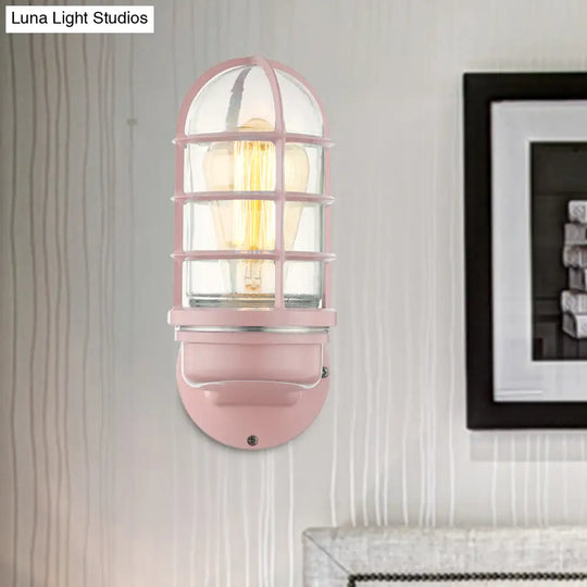 Industrial Glass Wall Lamp With Cage Single Bulb In Pink/Blue/Green For Living Room Sconce