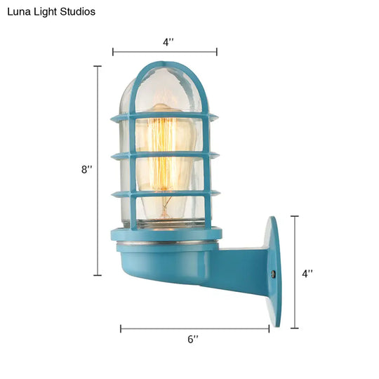 Industrial Glass Wall Lamp With Cage Single Bulb In Pink/Blue/Green For Living Room Sconce