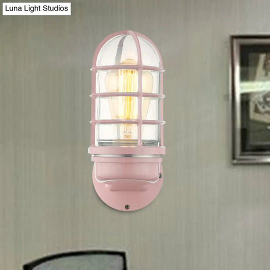 Industrial Glass Wall Lamp With Cage Single Bulb In Pink/Blue/Green For Living Room Sconce