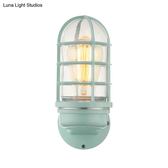 Industrial Glass Wall Lamp With Cage Single Bulb In Pink/Blue/Green For Living Room Sconce