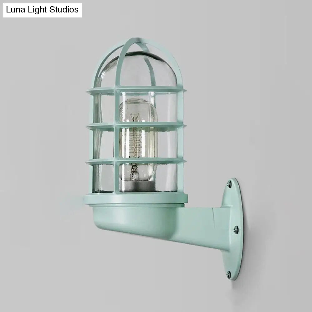 Industrial Glass Wall Lamp With Cage Single Bulb In Pink/Blue/Green For Living Room Sconce