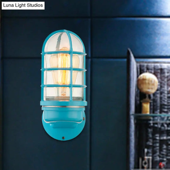 Industrial Glass Wall Lamp With Cage Single Bulb In Pink/Blue/Green For Living Room Sconce