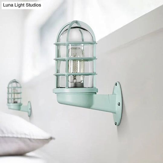 Industrial Glass Wall Lamp With Cage Single Bulb In Pink/Blue/Green For Living Room Sconce