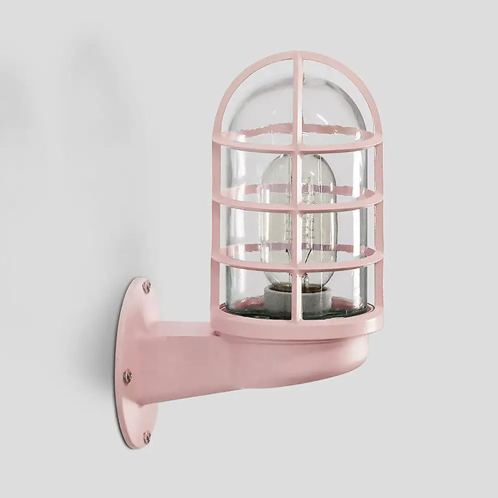 Industrial Glass Wall Lamp With Cage Single Bulb In Pink/Blue/Green For Living Room Sconce Pink