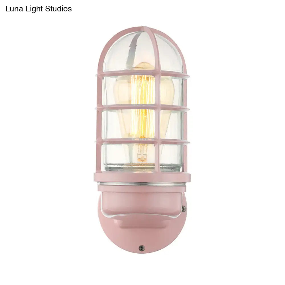 Industrial Glass Wall Lamp With Cage Single Bulb In Pink/Blue/Green For Living Room Sconce