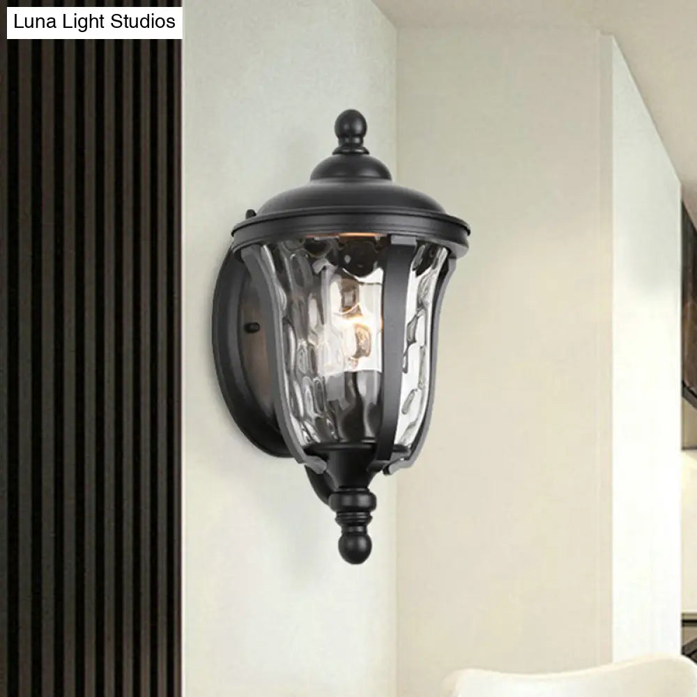 Industrial Glass Wall Lamp With Dimpled Urn Design - Single Bulb Outdoor Sconce In Black 3 Sizes