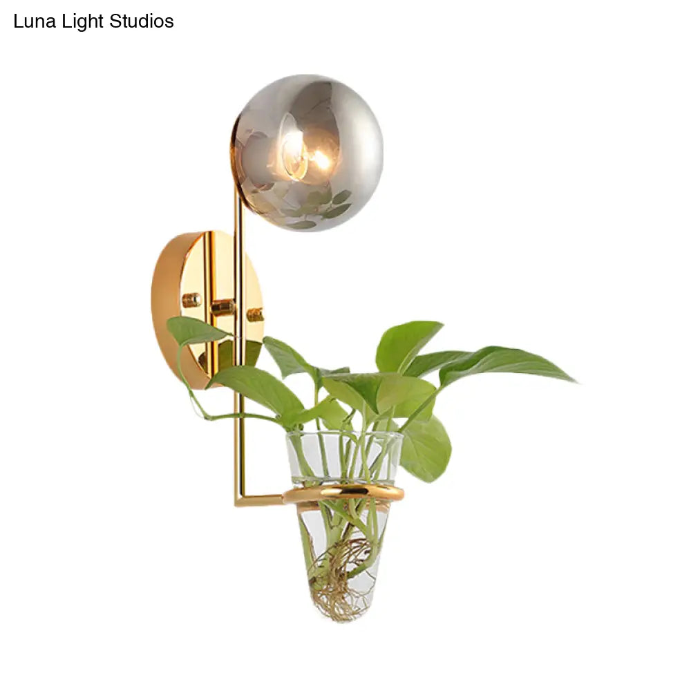 Industrial Global Cream/Smoke Gray Glass Wall Sconce Lamp With Clear Plant Cup - Black/Gold Finish