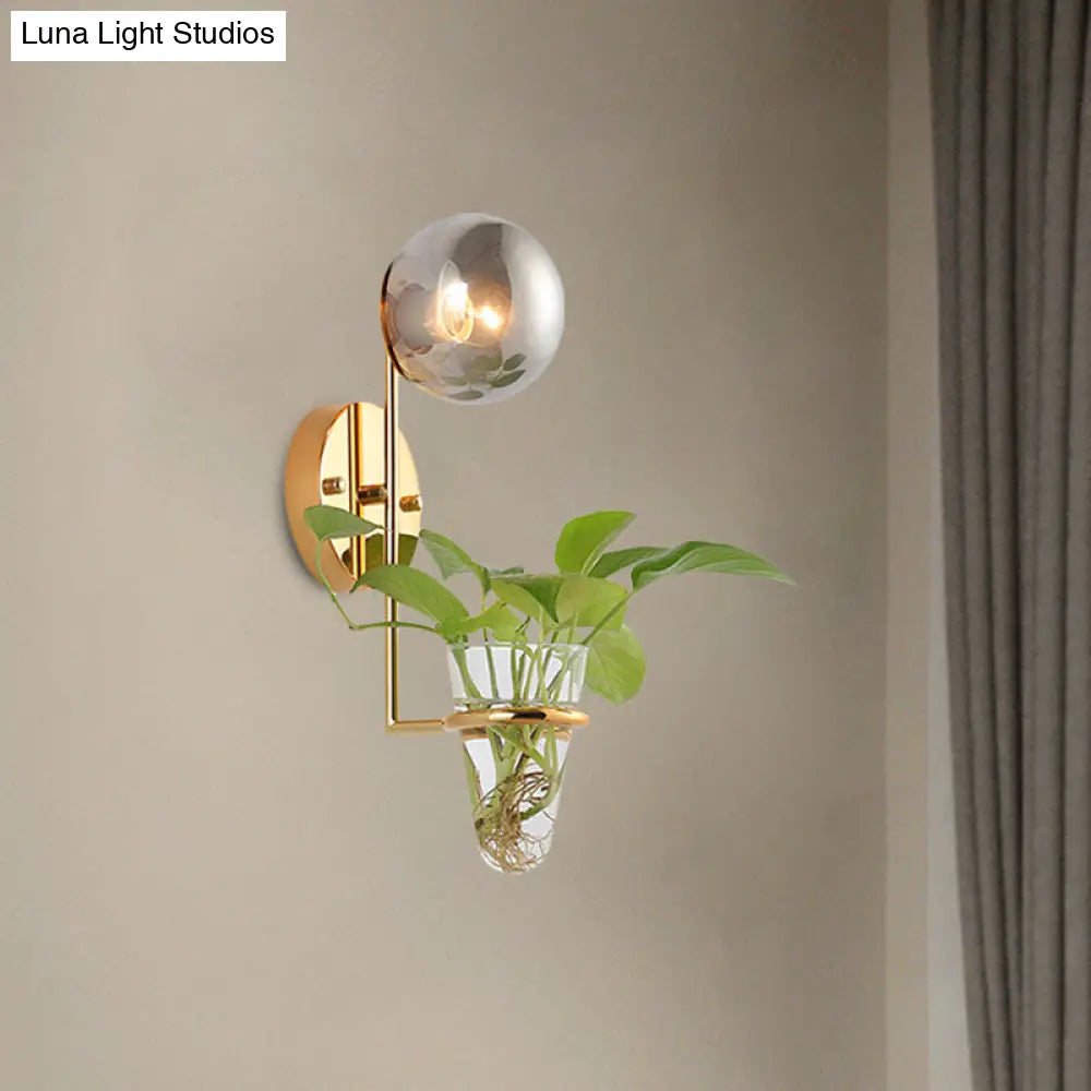 Industrial Global Cream/Smoke Gray Glass Wall Sconce Lamp With Clear Plant Cup - Black/Gold Finish