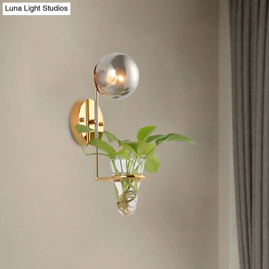 Industrial Global Cream/Smoke Gray Glass Wall Sconce Lamp With Clear Plant Cup - Black/Gold Finish