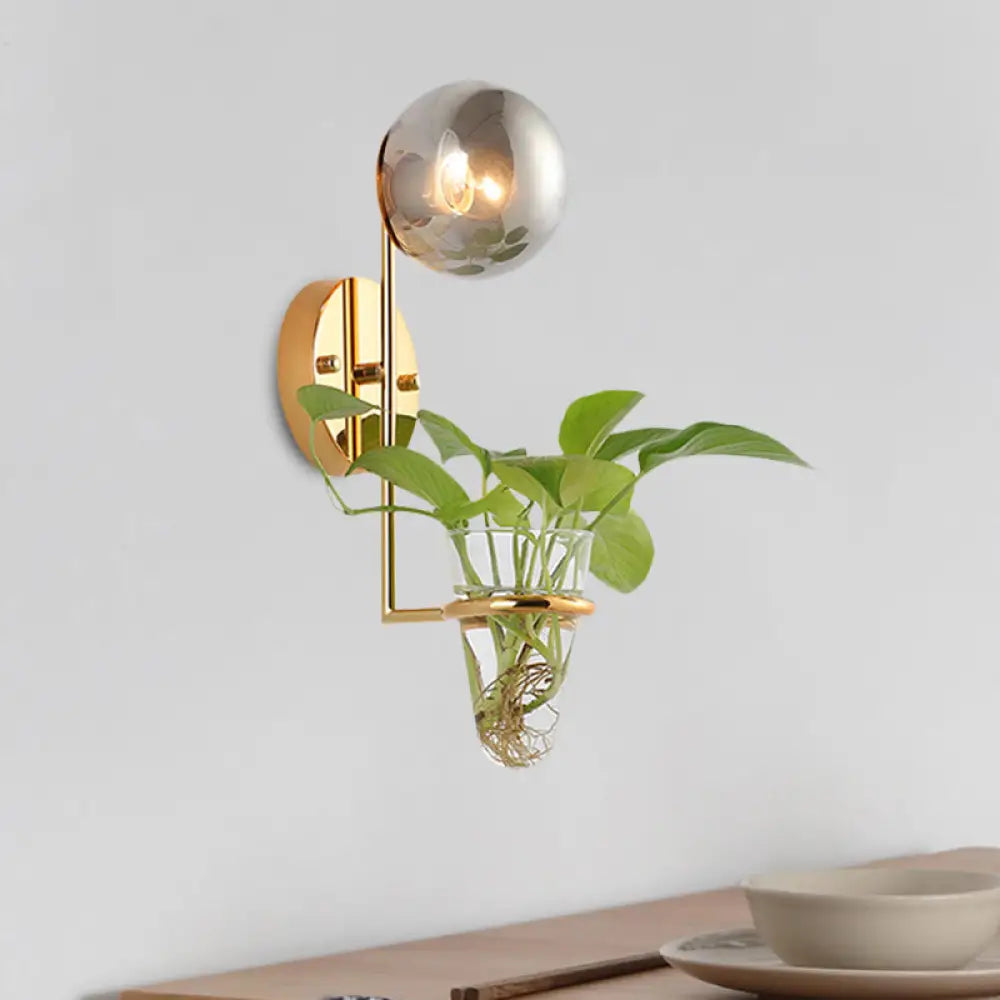 Industrial Global Cream/Smoke Gray Glass Wall Sconce Lamp With Clear Plant Cup - Black/Gold Finish