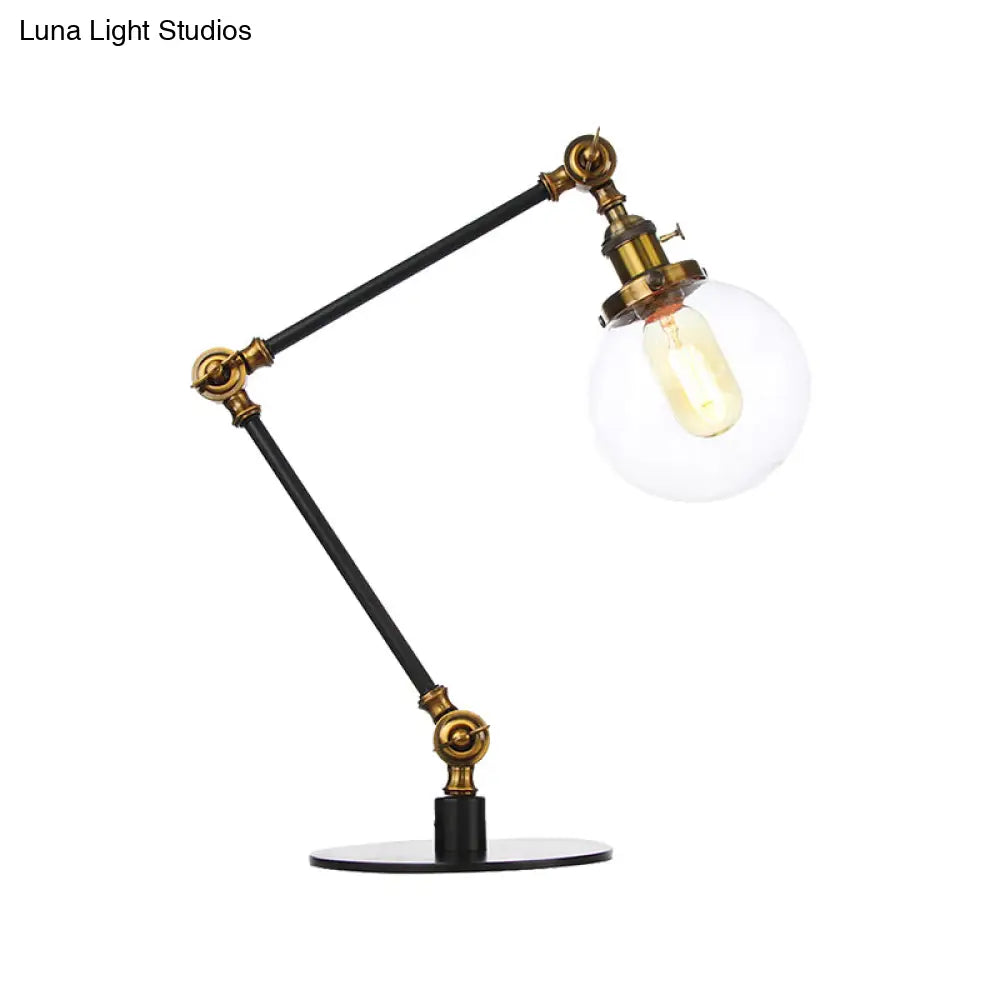 Industrial Global Table Lamp - Amber/Clear Glass Adjustable Arm Black/Brass Finish Restaurant