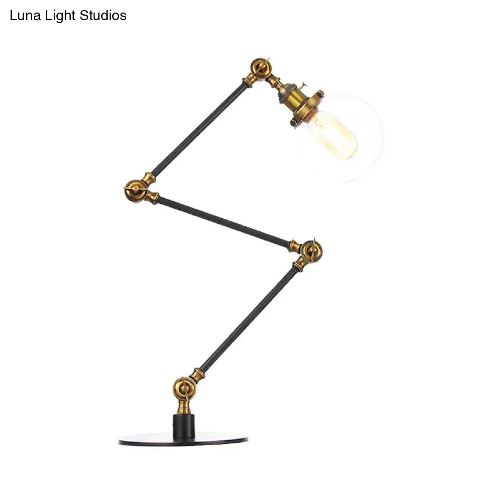 Industrial Global Table Lamp - Amber/Clear Glass Adjustable Arm Black/Brass Finish Restaurant