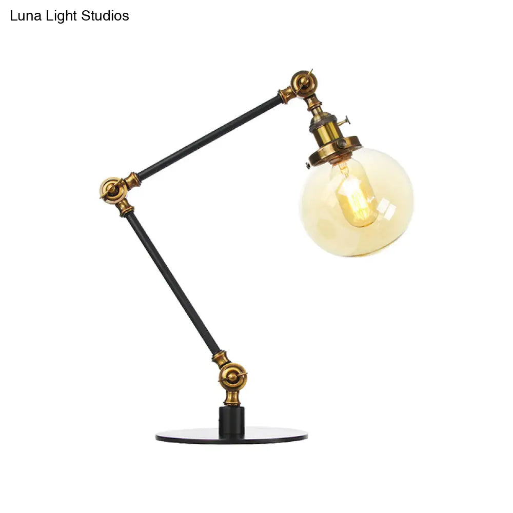 Industrial Global Table Lamp - Amber/Clear Glass Adjustable Arm Black/Brass Finish Restaurant