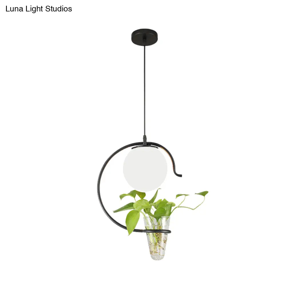 Industrial Globe Metal Pendant With Led Light In Milk White/Smoke Grey Glass - Black/Gold Suspended