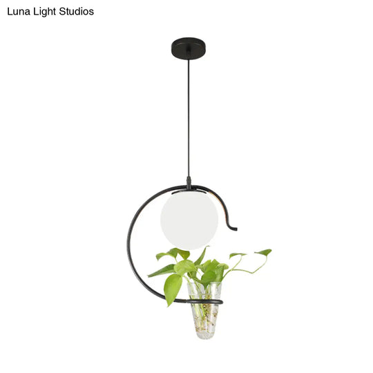 Industrial Globe Metal Pendant With Led Light In Milk White/Smoke Grey Glass - Black/Gold Suspended