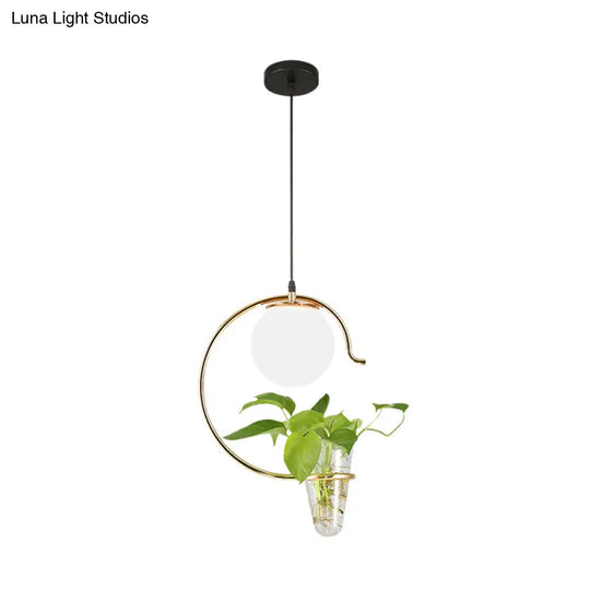 Industrial Globe Metal Pendant With Led Light In Milk White/Smoke Grey Glass - Black/Gold Suspended