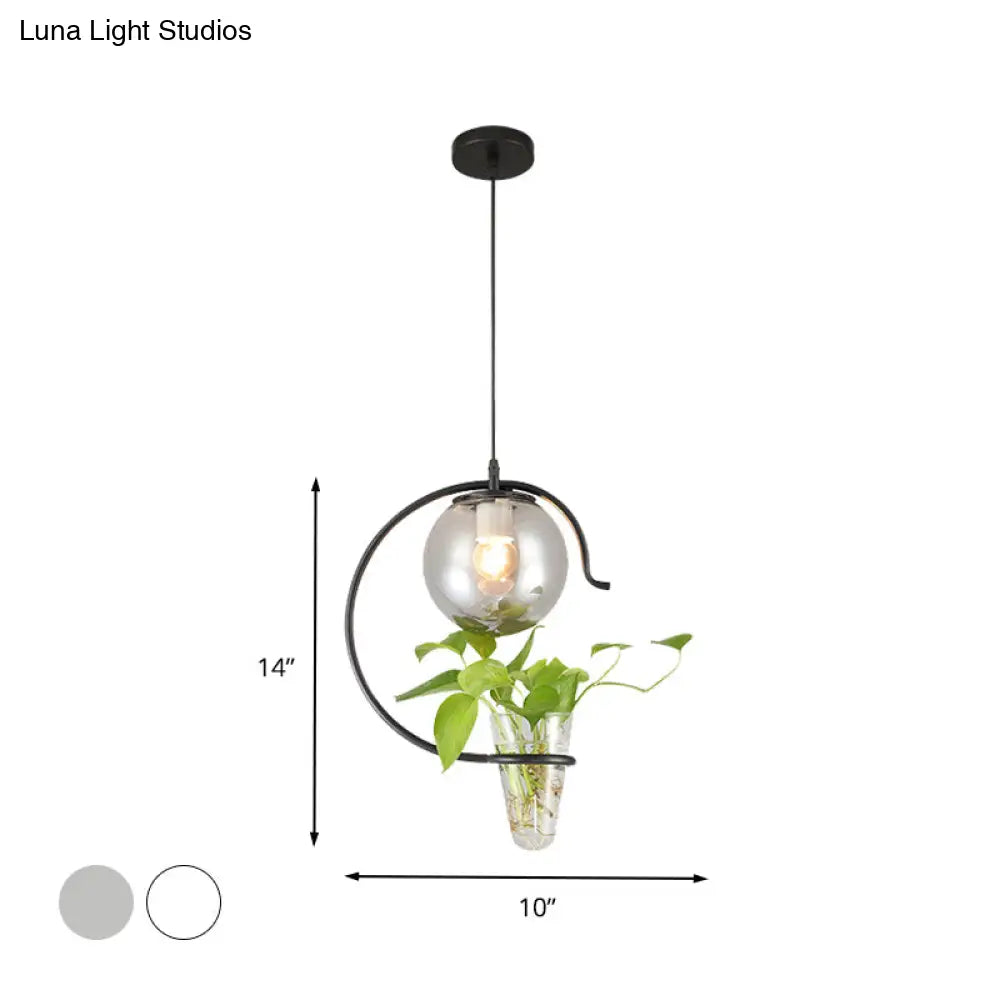 Industrial Globe Metal Pendant With Led Light In Milk White/Smoke Grey Glass - Black/Gold Suspended