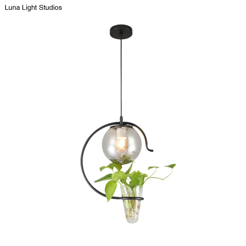 Industrial Globe Metal Pendant With Led Light In Milk White/Smoke Grey Glass - Black/Gold Suspended