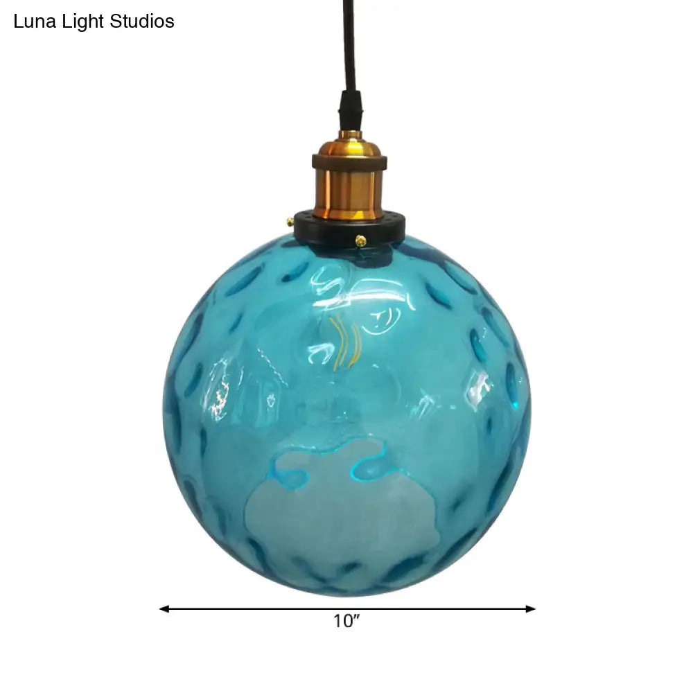 Industrial Globe Pendant Light - Blue Dimpled Glass Hanging Lamp (8’/10’/12’ Wide)