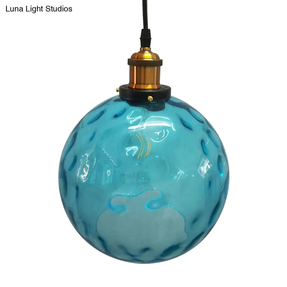 Industrial Globe Pendant Light - Blue Dimpled Glass Hanging Lamp (8’/10’/12’ Wide)