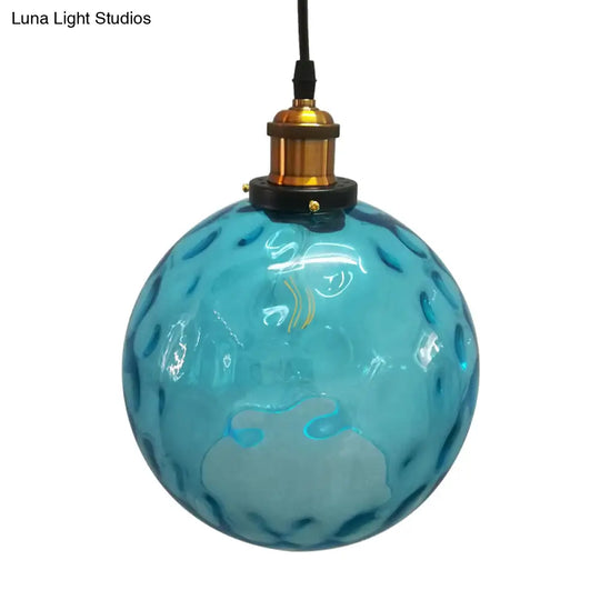 Industrial Globe Pendant Light - Blue Dimpled Glass Hanging Lamp (8’/10’/12’ Wide)