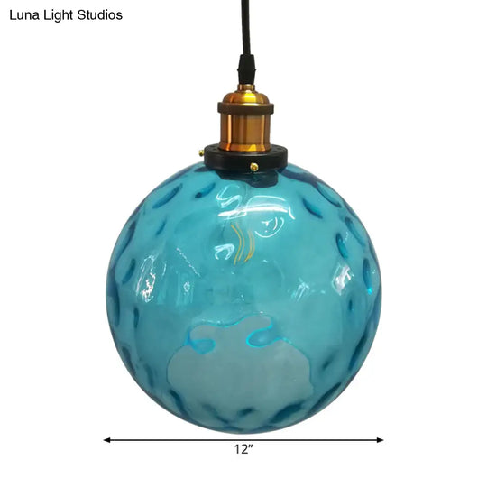 Industrial Globe Pendant Light - Blue Dimpled Glass Hanging Lamp (8’/10’/12’ Wide)