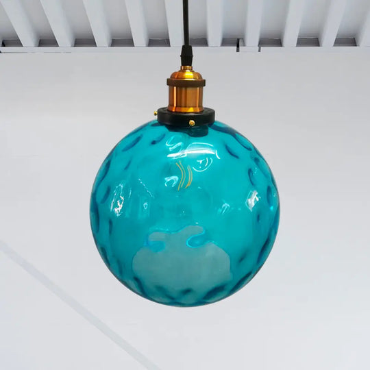 Industrial Globe Pendant Light - Blue Dimpled Glass Hanging Lamp (8’/10’/12’ Wide) / 8’