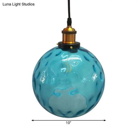 Industrial Globe Pendant Light - Blue Dimpled Glass Hanging Lamp (8’/10’/12’ Wide)