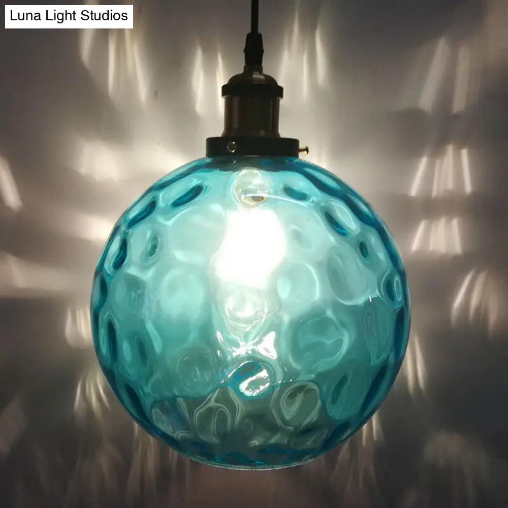 Industrial Globe Pendant Light - Blue Dimpled Glass Hanging Lamp (8’/10’/12’ Wide)