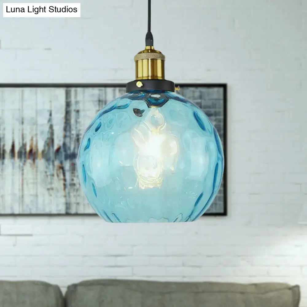 Industrial Blue Dimpled Glass Globe Pendant Light For Living Room Ceiling