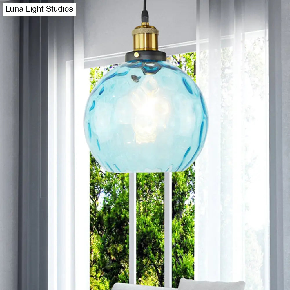 Industrial Globe Pendant Light With Blue Dimpled Glass Shade - 1 Ceiling Fixture For Living Room