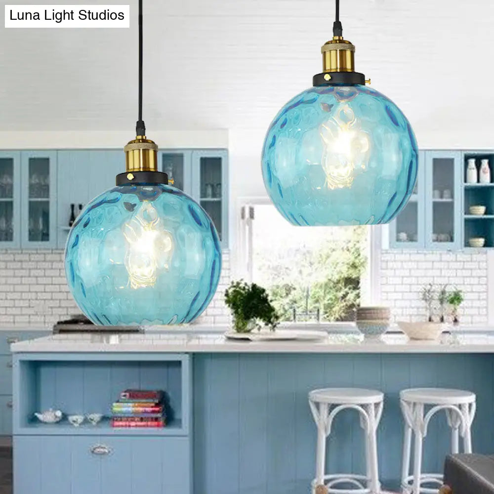 Industrial Blue Dimpled Glass Globe Pendant Light For Living Room Ceiling