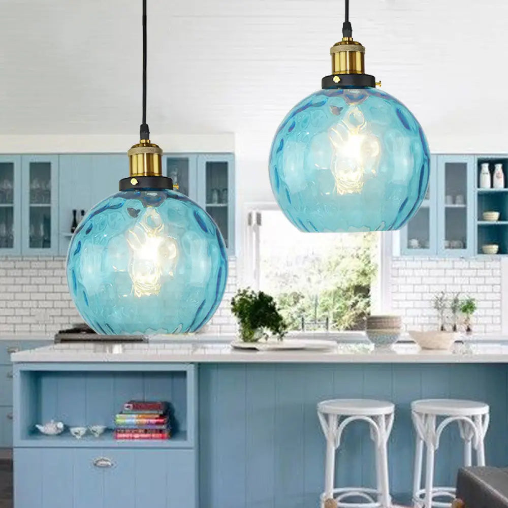 Industrial Globe Pendant Light With Blue Dimpled Glass Shade - 1 Ceiling Fixture For Living Room