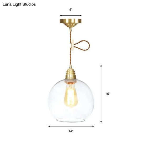 Industrial Clear Glass Globe Pendant Lighting - Brass Finish 1 Light Multiple Width Options