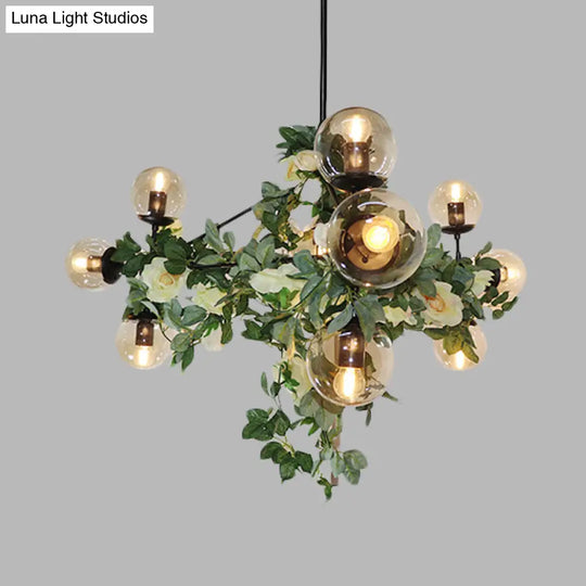 Industrial Globe Smoke Gray Glass Hanging Light With Geometric Cage 10/14-Bulb Island Pendant In