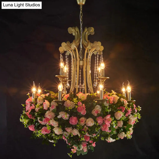 Industrial Gold Metal Flower Chandelier With Crystal Drop - 12 Light Candle Pendant