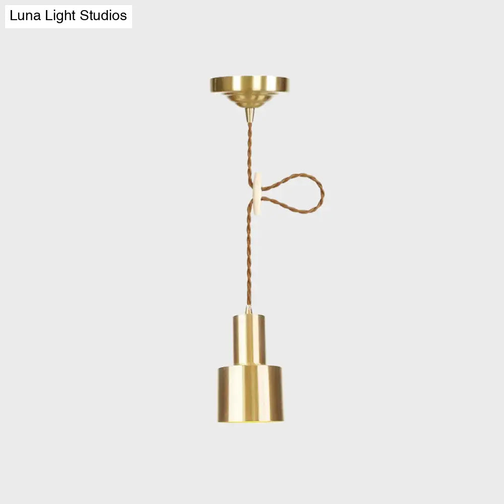 Industrial Gold Metallic Cylinder Pendant Light With Adjustable Ceiling Hang