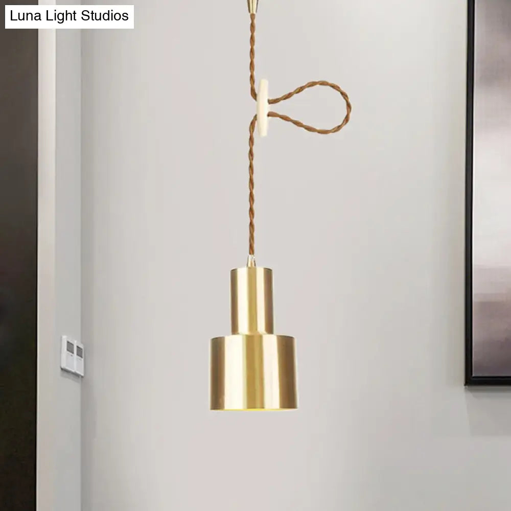 Industrial Gold Metallic Cylinder Pendant Light With Adjustable Ceiling Hang Fixture / A