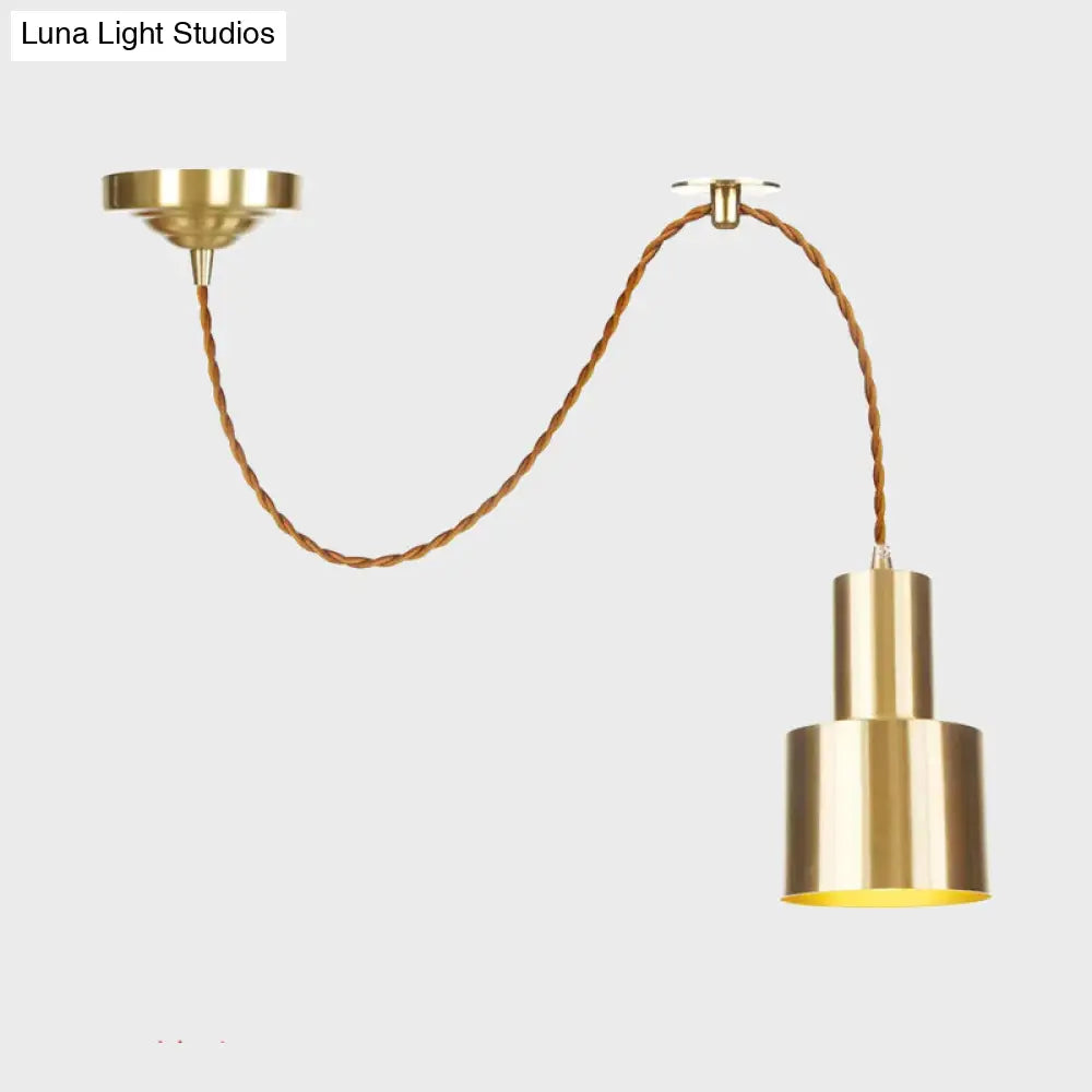 Industrial Gold Metallic Cylinder Pendant Light With Adjustable Ceiling Hang