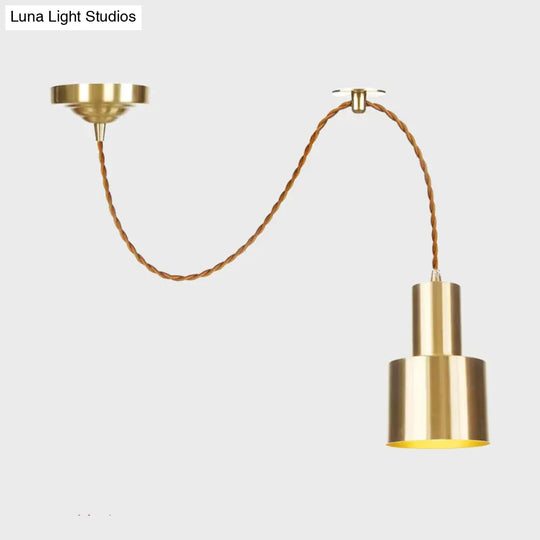 Industrial Gold Metallic Cylinder Pendant Light With Adjustable Ceiling Hang