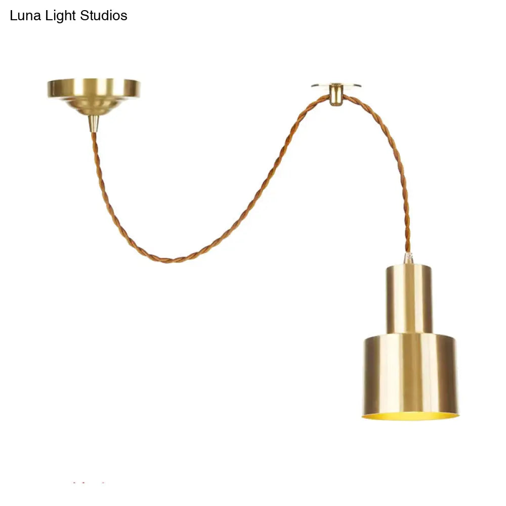 Industrial Gold Metallic Cylinder Pendant Light With Adjustable Ceiling Hang