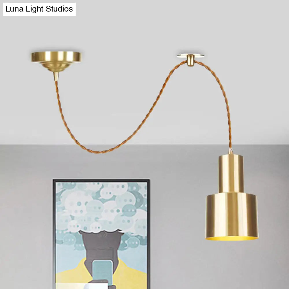 Industrial Gold Metallic Cylinder Pendant Light With Adjustable Ceiling Hang