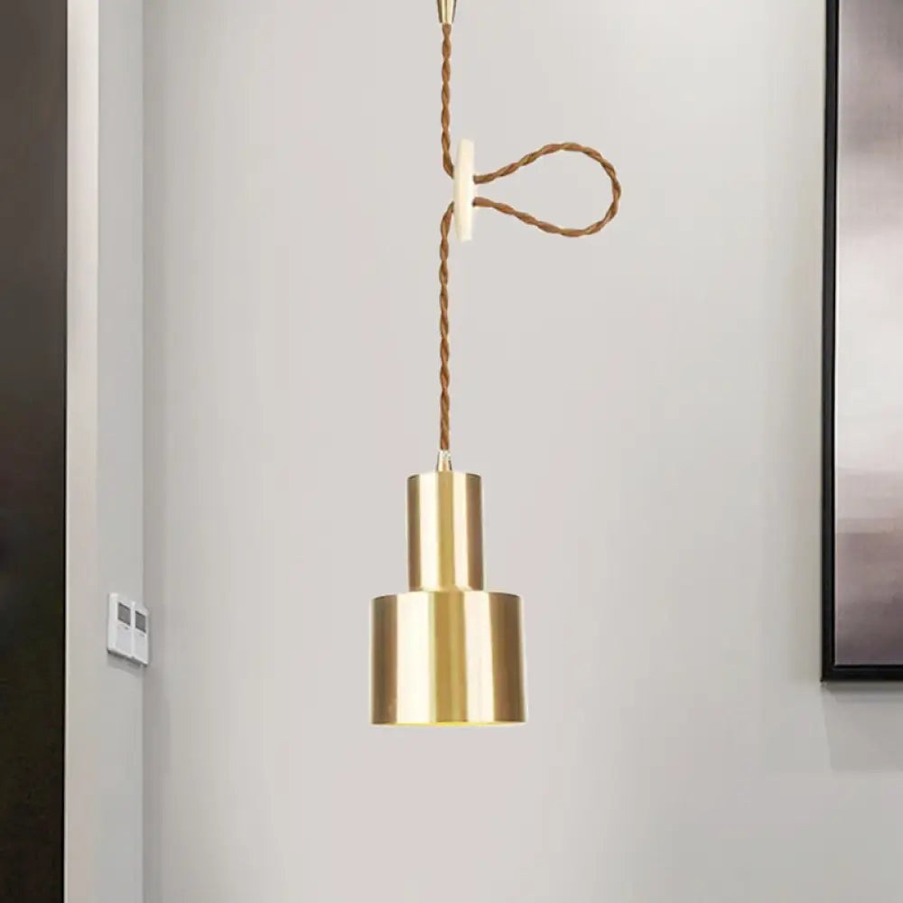 Industrial Gold Metallic Cylinder Pendant Light With Adjustable Ceiling Hang / A
