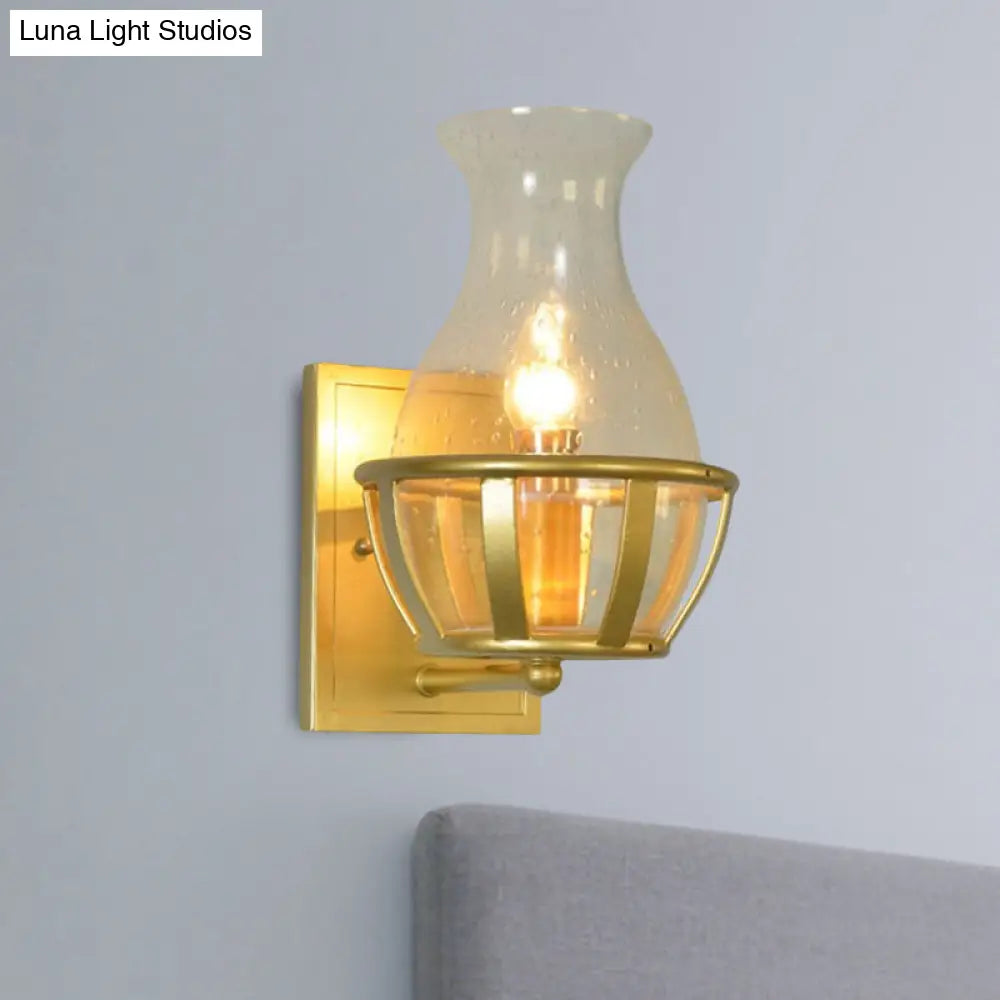 Industrial Gold Seeded Glass Vase Sconce For Bathroom Wall Lighting