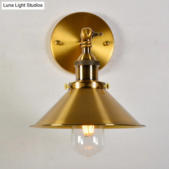 Industrial Gold Wall Lamp With Conical Pivot Shade For Bedside Reading