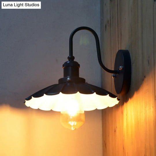 Industrial Gooseneck Wall Sconce With Scalloped Shade 1 Light - Black 9.5/13 Width